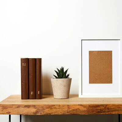 books near cactus in pot and frame on wooden table